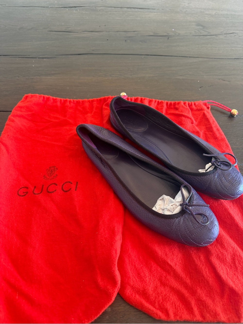 Gucci Dark Purple Quilted Leather Ballet Flats with Bow
